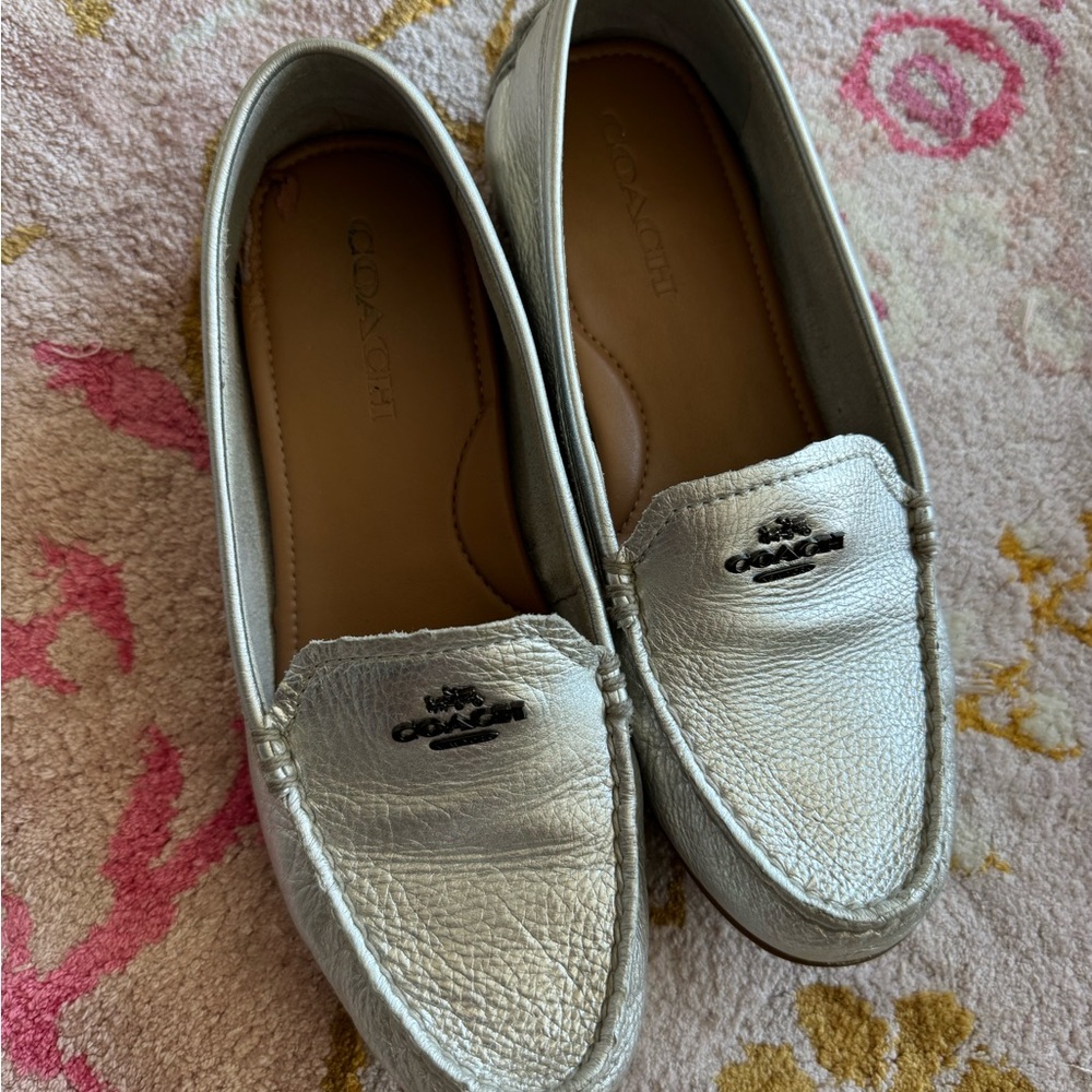Coach Metallic Silver Leather Moccasin Loafers